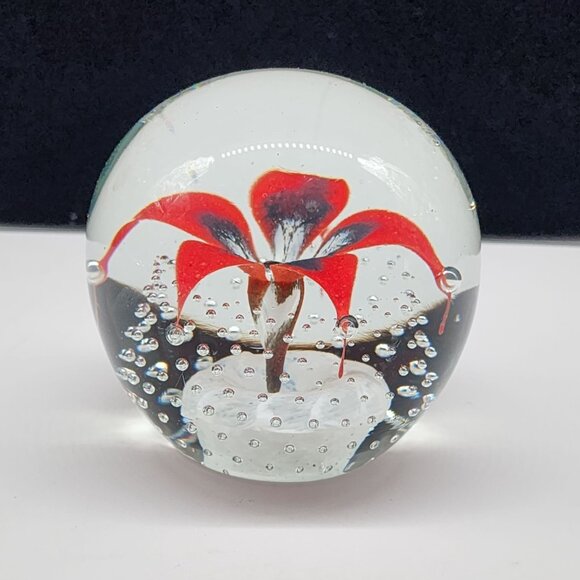 Glass Flower Floral Paperweight Red White Blue Bubbles VTG Wheaton Village 2.5" - Picture 2 of 8